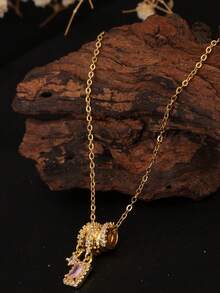 1pc 18K Gold Stainless Steel Chain Tassel Square Pendant Necklace For Women, Sweet & Chic Minimalist Design, Suitable For Daily Office Wear, Gift