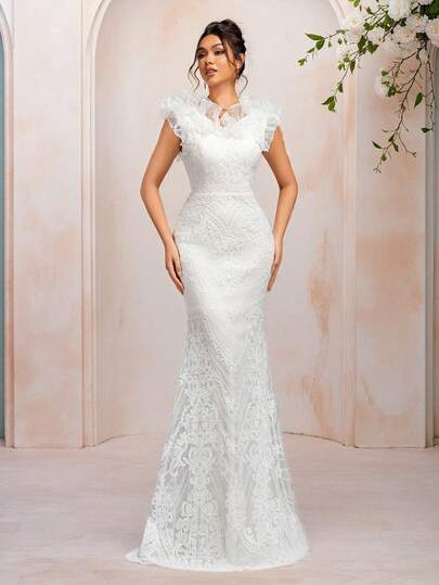 Elegant And Romantic White Collision Luxury Positioning Exquisite Shiny Sequins Splicing Organza Lotus Leaf V Neck Chest High Waist Slim Fishtail Party Wedding Event Heavy Industry Banquet Dress Formal Evening Dance Wedding Guest Dress, Suitable For Graduation Ceremony, Dinner,Bride