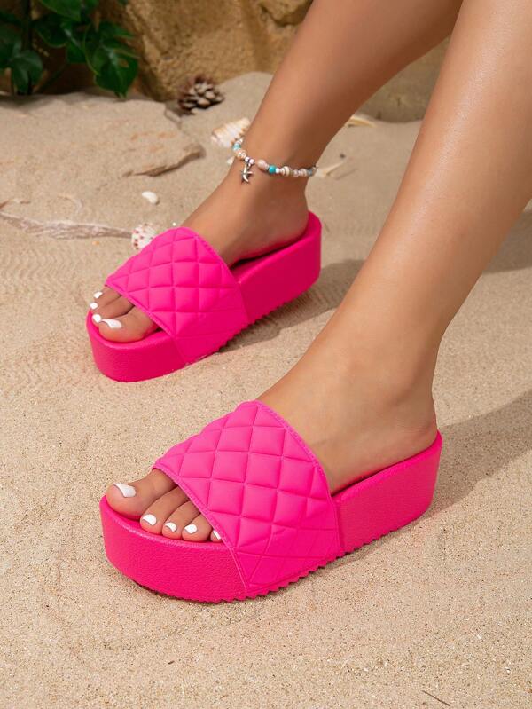 Sandalias plataforma de mujer con patrón de rombos casual, suela suave y cómoda para usar al aire libre/playa, color rojo rosa
