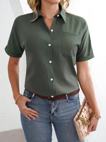Blusa casual da donna a maniche corte, monocolore, per attività all'aperto, semplice e verde