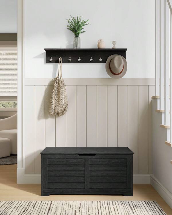 VASAGLE Schuhbank, Sitzbank mit Stauraum, Sitztruhe mit 2 Sicherheitsscharnieren, Aufbewahrungsschrank, Landhausstil, 40 x 100 x 46 cm, für Flur, Schlafzimmer, Wohnzimmer, anthrazitgrau