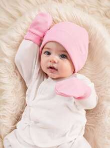 3pcs Set Baby 0-3M Infant Girls Soft Protective Hedging Hat+Gloves 4 Seasons Set, Suitable For Newborn Hospital And Daily Wear