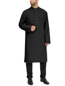 INCERUN Mens Buttons Long Sleeve Muslim Thobe Abaya Robe Dishdasha Kaftan Shirt Kurta Tops Casual Blouse - 黑色 - 查看 2
