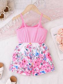 Young Girl' Fashion Casual Fuchsia Knit Cami Splicing Digital Floral Jumpsuit, Suitable For Outdoor, Vacation And Home, Summer - Pink - View 2
