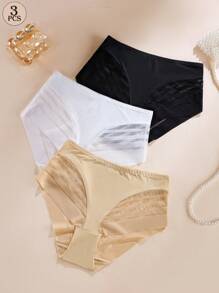 Aofeiqike 3pcs/Pack High-Quality European & American Style Women's Panties, Mid-Waist Plus Size & Maternity, Breathable Comfy Mesh & Lace Trim Triangle Briefs, Casual & Sexy Sheer Patchwork Underwear