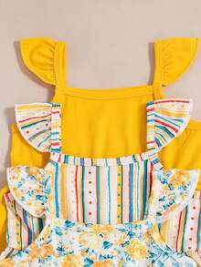 3pcs/Set Baby Girls' Floral Striped Print Sleeveless Top + Floral Striped Print Shorts Set - Yellow - View 8