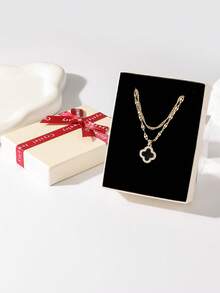 1pc Layered Gold Necklace, Butterfly & Flower Chain Necklace, Mother's Day Gift, With/Without Gift Box, Women Jewelry