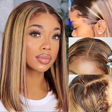 S4/27 女士波波头假发 - 180% 密度,13x4 高清蕾丝前额,预先拔毛的自然发际线,无胶短直发真人发假发,带挑染,短发假发 - S4/27 - 查看 3