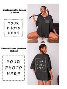 Quà tặng cá nhân hóa theo yêu cầu, -- Áo thun nữ đơn tùy chỉnh, Thêm văn bản/hình ảnh của riêng bạn (Mẫu huy hiệu/Logo công ty/Ảnh gia đình/Ảnh tự chụp | Kỹ thuật số), Thiết kế in ấn cá nhân hóa của riêng bạn, Áo thun đen mùa hè làm quà tặng, Thời trang Preppy cho gia đình - màu đen - Xem 2