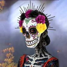 メキシコの祭りのための女性用死者の日のフェイスウェアカラフルな花のデザインスカルヘッドギアコスチューム - パープル - チェックする 6