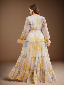 大码女式奶油黄V领荷叶边松紧腰随机印花长裙 - 黃色 - 查看 2