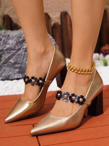 Plus Size Pointed Toe Flower Decor Buckle Sexy Women High Heel Pumps, Gold