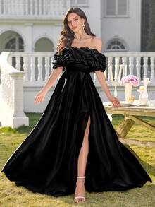 UNITHORSE White Off-Shoulder Ruched Waist Fitted A-Line Hem Wedding Dress, Bridal Gown, All White Party Dress (Women) - Black - View 2