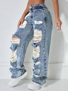 High Waist Street Vintage Cassual Basic Grey Ripped Vent Waisted Slanted Pocket Slit Straight Leg Boyfriend Women's Jeans