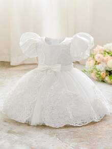 Baby Girls 0-2 Years Old Lace Puff Sleeve Mini Dress, White Christening Gown Suitable For Parties - White - View 3