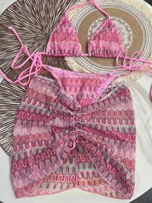 Bikinx Women's Wavy Pattern Backless Sexy Bikini Set With Cover-Up Skirt, Suitable For Summer Beach Vacation