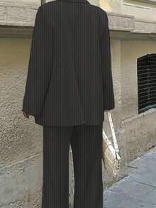 女士休闲通勤条纹夹克、裤子、背心三件套西装套装，春夏 - 黑色 - 查看 4