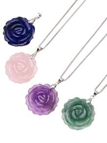 Natural Gemstone Carved Rose Flower Stone Pendant Amethyst Healing Crystal Necklace DIY Jewelry Bead Charm Women Valentine Gift