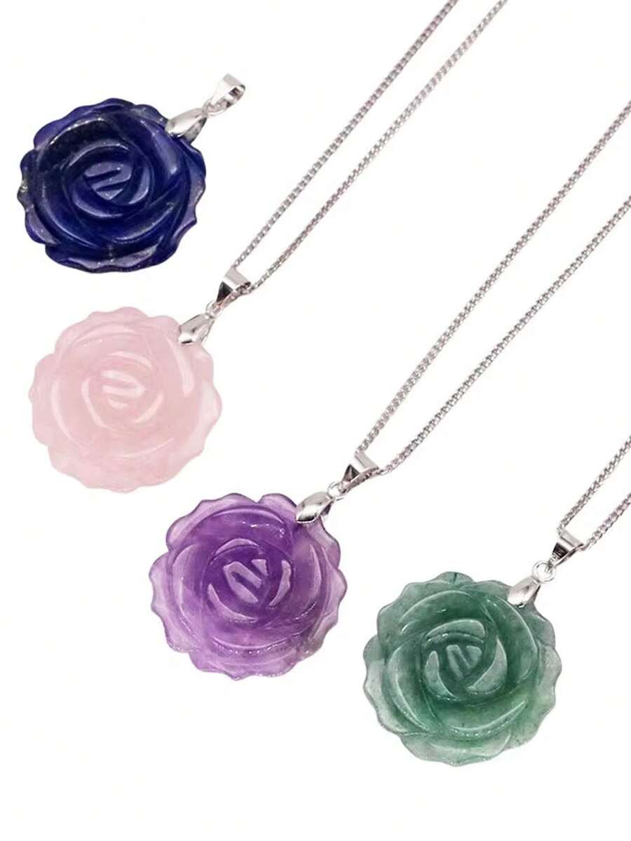 Natural Gemstone Carved Rose Flower Stone Pendant Amethyst Healing Crystal Necklace DIY Jewelry Bead Charm Women Valentine Gift