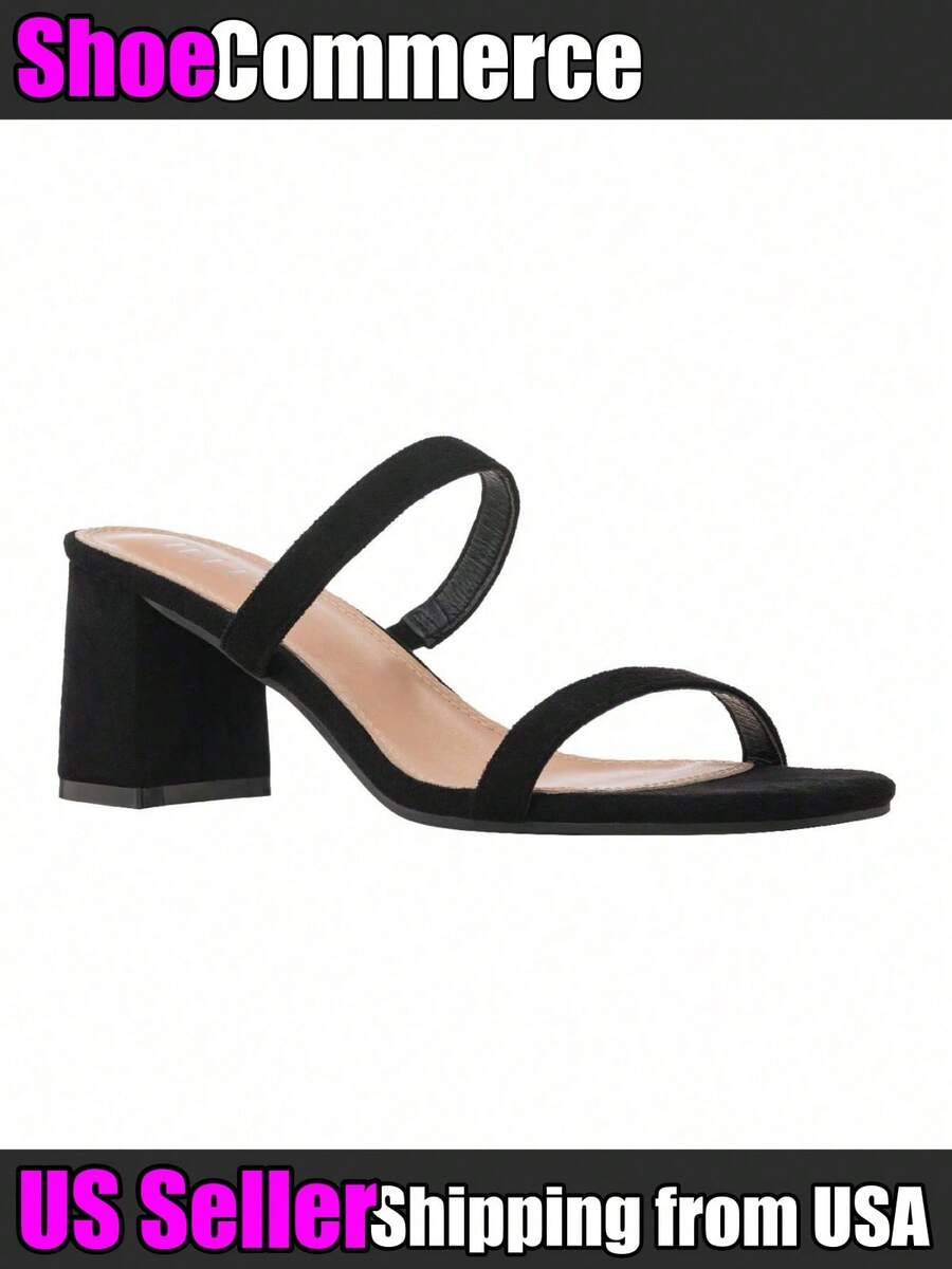 Women's Minimalist Chunky Heeled Mule Sandals Fashionable Elegant  Heeled Sandals Block Heel Square Toe Heeled Sandal Summer Shoes - 黑色絨面革 - 查看 1