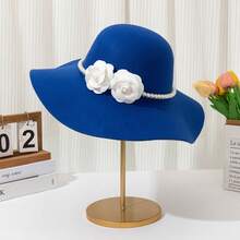 قبعة حجر واسعة الحافة مزينة بالأزهار واللؤلؤ للنساء، أنيقة للزفاف والاستخدام اليومي وأوقات قضاء العطلات