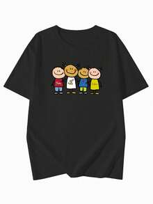 日本风格女士休闲纯棉圆领宽松简约卡通印花短袖T恤，春夏 - 黑色 - 查看 4