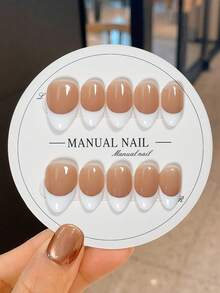 JUTI 10pcs/Set Handmade Short Almond Shape White French Fashion Design Full Coverage Fake Nails Press-On Nail Art Supplies Suitable For Office Ladies, Parties And Daily Wear Full Coverage Fake Nails - Multicolor - View 2
