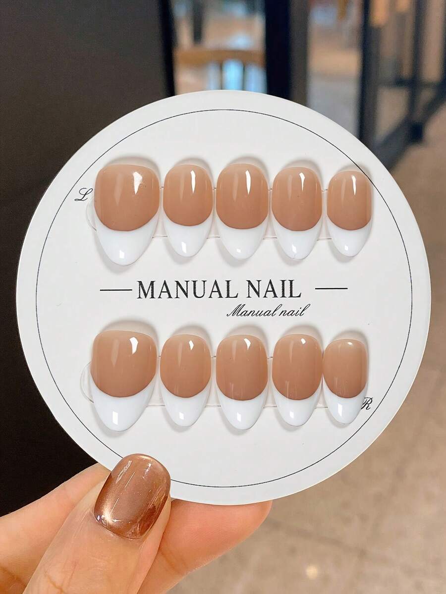 JUTI 10pcs/Set Handmade Short Almond Shape White French Fashion Design Full Coverage Fake Nails Press-On Nail Art Supplies Suitable For Office Ladies, Parties And Daily Wear Full Coverage Fake Nails