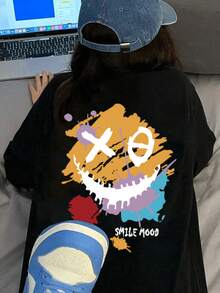 日本风格女式棉质宽松碎花灰色休闲百搭卡通涂鸦笑脸印花短袖T恤，春夏 - 黑色 - 查看 2