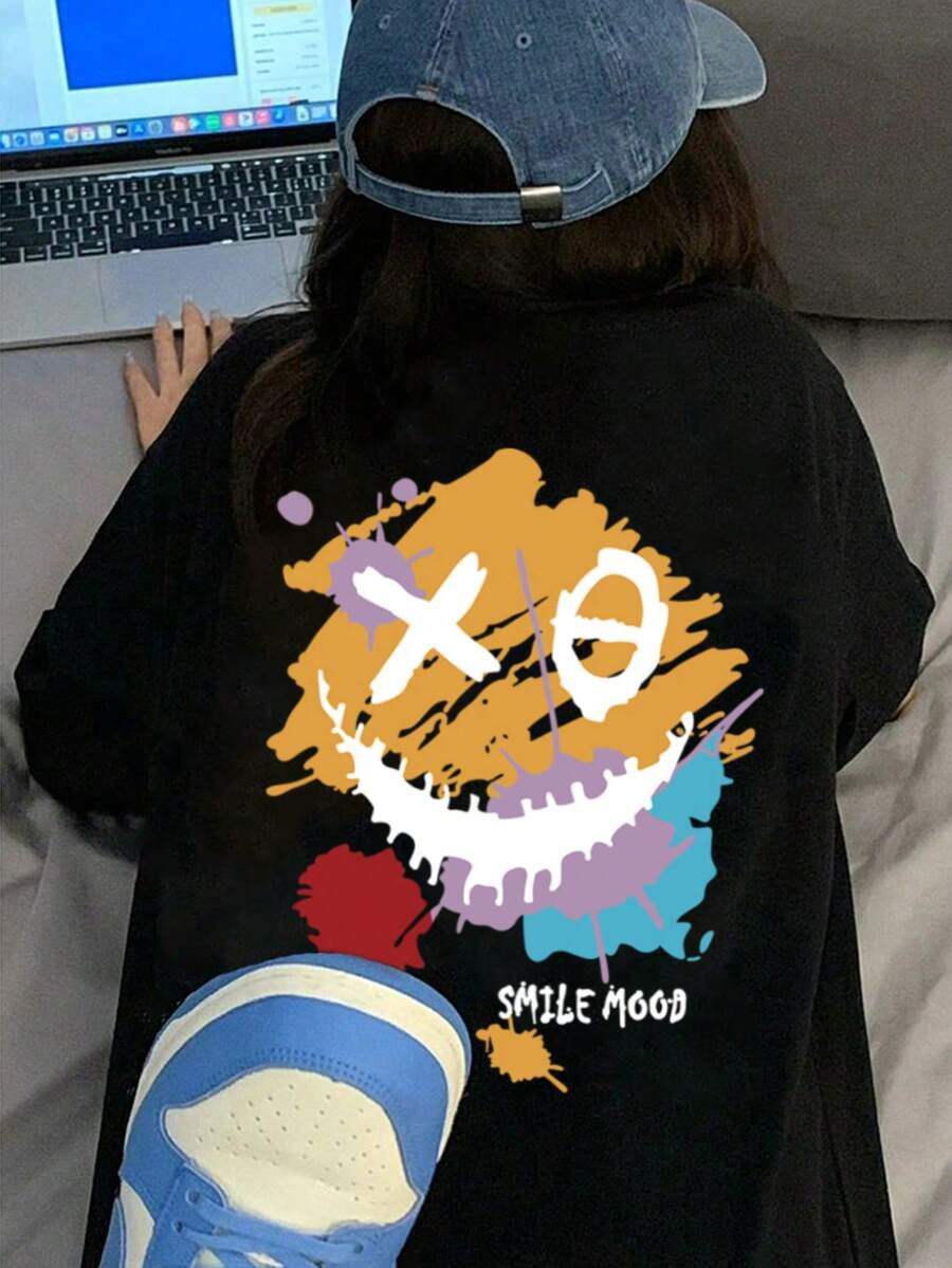 Japanese Style Women Cotton Loose Floral Gray Casual Versatile Cartoon Graffiti Smiling Face Print Short Sleeve T-Shirt, Spring/Summer - Black - View 1