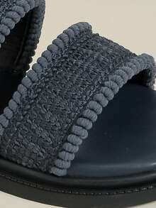 2026新款厚底绑带凉鞋,复古波西米亚风沙滩坡跟人字拖,舒适柔软鞋底,休闲优雅轻便透气,流苏编织网面拼接厚底凉鞋,春秋季款,小码33-34,大码42-43 - 寶藍色 - 查看 7