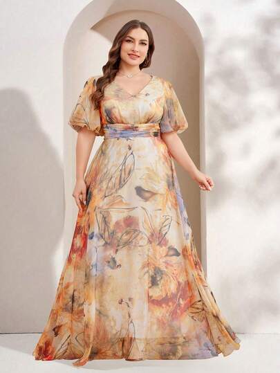 大码 V 领随机花卉印花泡泡袖优雅长裙，奶油黄色