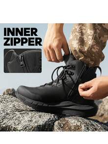 Men's Tactical Hiking Boot Lightweight Cushion Sole Boots For Work All Day Side Zipper Motorcycle Combat Military Boot - Black - View 9