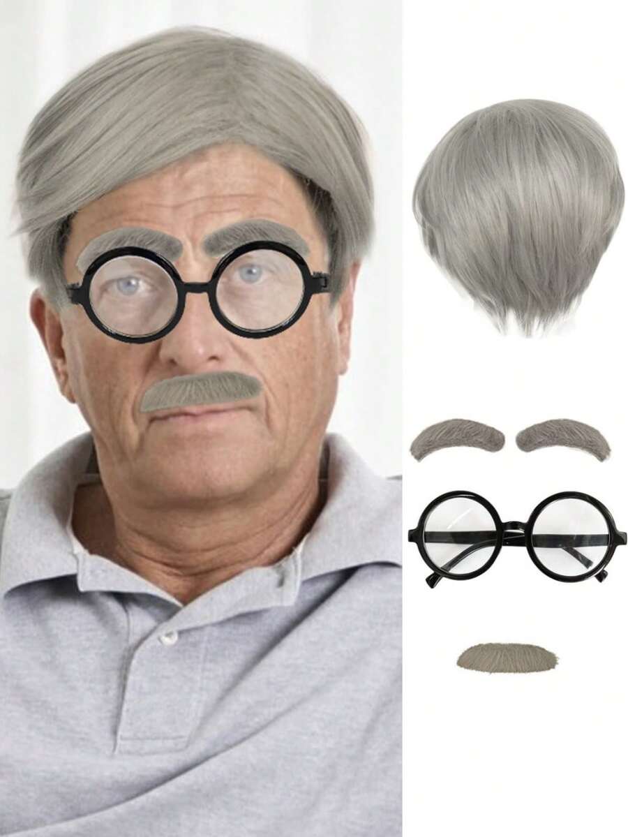 10 Inch Short Gray Straight Men's Cosplay Wig With Glasses, Eyebrows And Mustache, Grandfather Old Men Cosplay Wig For Holiday Party Wig For Men Anime Comic Cartoon Costume Cosplay Wig, Heat Resistant Premium Synthetic Wig High Temperature Fiber Hair With Bangs - Grey - View 1