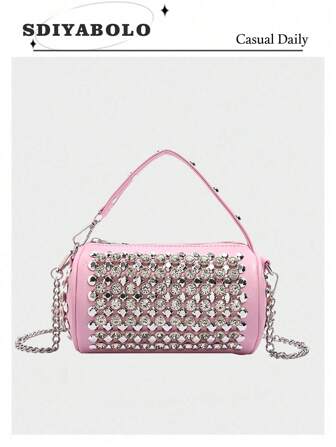 Classic Personalized Cylindrical Bag, Exquisite And Stylish, Versatile Diamond-Studded Banquet Handbag, Fashionable Chain, Solid Color Rivet-Studded Crossbody Bag, Suitable ForParties, Dinners, Street Photography And Music Festivals
