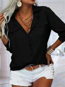 Womens Solid Lapel Long Sleeves Button Down Shirt Top Casual Basic Office Blouse - 黑色 - 查看 3