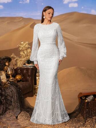 Faeriesty Haute Glamour Elegant Luxurious Sequined Mermaid Gown With Long Sleeves - Sparkling Crystal-Beaded Accents For Red Carpet Events, Celebrity Weddings, Gala Dinners, And Editorial-Ready Fashion Showouts