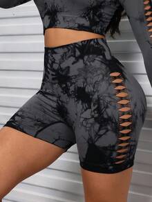 【抢先上市】春夏扎染侧镂空户外健身短裤，无缝高腰提臀运动修身短裤