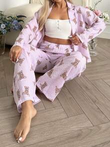 Nina Bonheur 2pcs Women Loose Button Bear Print Long Sleeve Top And Elastic Waist Pants Lounge Set, Cute Loungewear, Fall & Winter Clothes - Pink - View 6