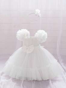 Baby Girls Bowknot Tulle Party Dress, Suitable For Birthday, Wedding, Flower Girl