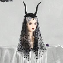 Women Halloween Headband, Gothic Goat Horns Dots Tulle Hair Hoop Hair Accessories Party Hairpiece - màu đen - Xem 7