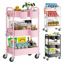 Carrito con ruedas de 3 niveles, carrito utilitario de metal con ruedas, 3 tazas colgantes,4 ganchos, carrito de almacenamiento con ruedas de malla resistente, carrito de manualidades para - Rosa - Ver 2