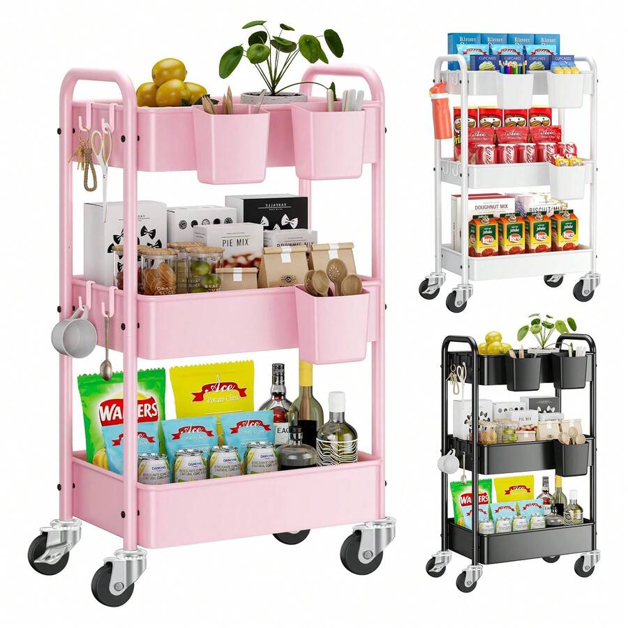 Carrito con ruedas de 3 niveles, carrito utilitario de metal con ruedas, 3 tazas colgantes,4 ganchos, carrito de almacenamiento con ruedas de malla resistente, carrito de manualidades para