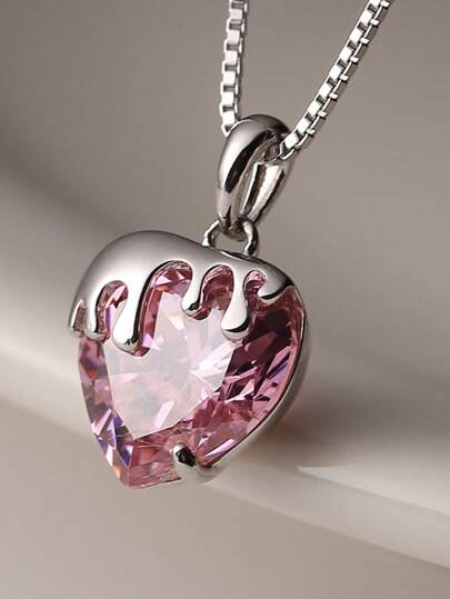 1pc Delicate Pink Heart Pendant Necklace, Jewelry Accessory Suitable For Girls Birthday Party And Special Occasions