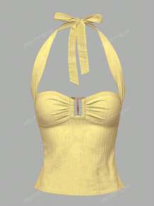 Parte superior acortada con cuello halter y textura de color amarillo mantequilla con abertura en la espalda, con volantes y recorte sexy, ideal para playa, vacaciones y uso diario