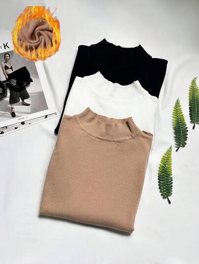 Kit 3pcs Blusa Trico Gola Alta Feminina Manga Longa Blusa De Frio Basica Importado Inverno