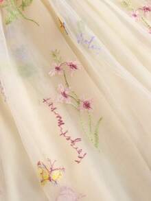 1pc Girls Cute & Elegant Princess Butterfly Decor Cap Sleeve Floral Embroidery Tulle Tutu Party Dress, Beach Holiday Sundress For Spring, Summer, Autumn - Champagne - View 8