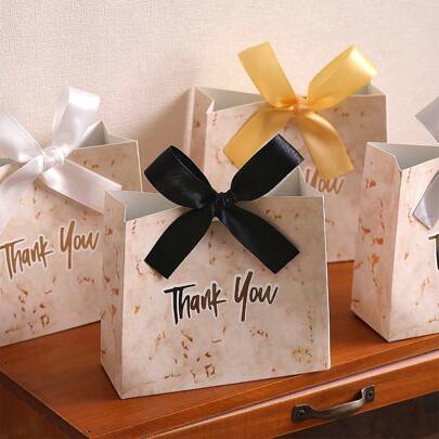 5PCS 4.5*3.9*1.8inch Mini Marble Thank You Bags With Bow Silk Ribbon For Gift Wrapping, Birthday Braidal Shower Wedding Party Favors Bags