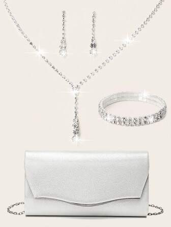 Juego de joyas de diamantes de lujo para damas, con juego de collar, pendientes y pulsera con chispeantes diamantes, bolso plateado con tapa y asa colorida estilo banquete, bolso de novia personalizado para boda, chispeante
