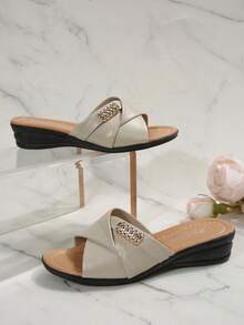 Women's Wedge Sandals, Casual Vacation Thick Sole Shoes, Shiny Rhinestone Decor, Comfortable Sandals - Beige - View 3